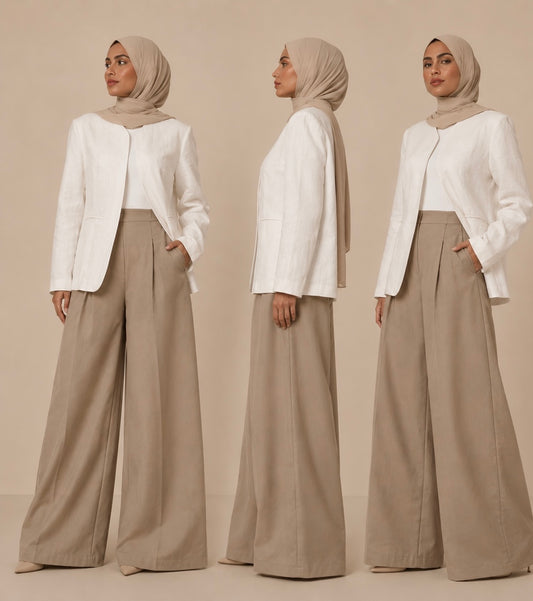 Wide-Leg Pleated Pants – Light Khaki
